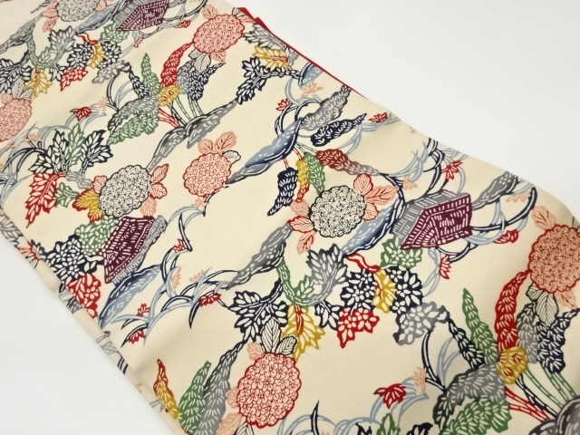 塩瀬型染古民家に草花・竹模様名古屋帯